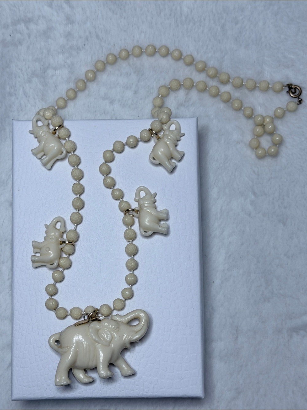 Vintage Ivory Elephant Charm Bead Necklace